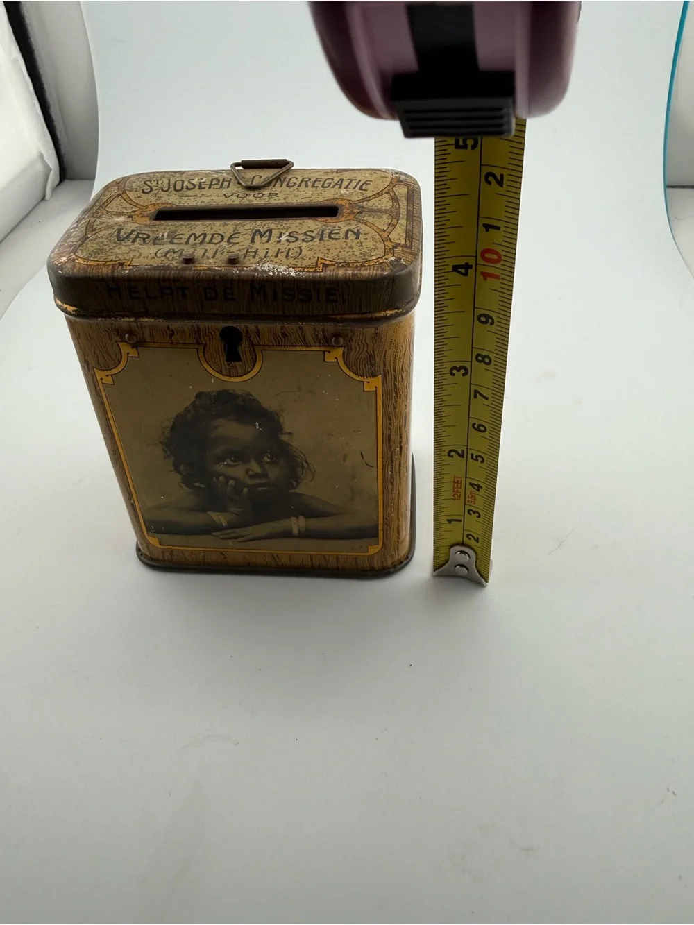 Antique Dutch St Joseph Mission Tin Charity Collection Box Bank 1920s 1930s